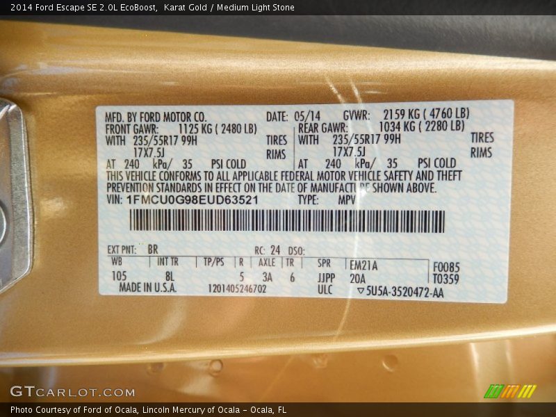 Karat Gold / Medium Light Stone 2014 Ford Escape SE 2.0L EcoBoost