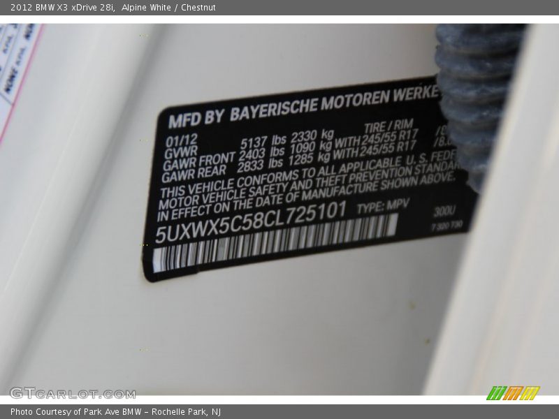 Alpine White / Chestnut 2012 BMW X3 xDrive 28i
