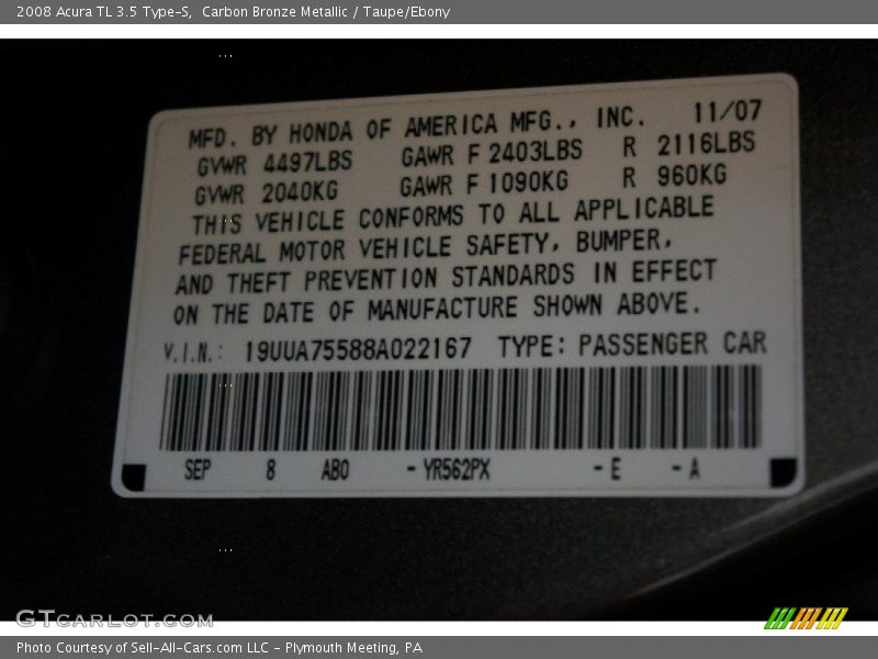 Carbon Bronze Metallic / Taupe/Ebony 2008 Acura TL 3.5 Type-S