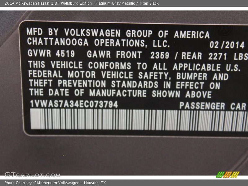 Platinum Gray Metallic / Titan Black 2014 Volkswagen Passat 1.8T Wolfsburg Edition