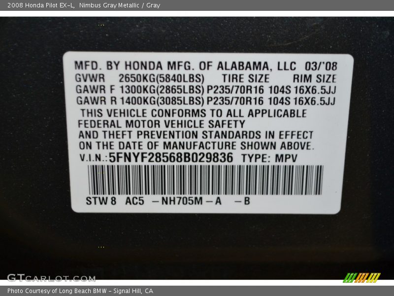 Nimbus Gray Metallic / Gray 2008 Honda Pilot EX-L