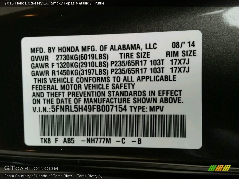 Smoky Topaz Metallic / Truffle 2015 Honda Odyssey EX