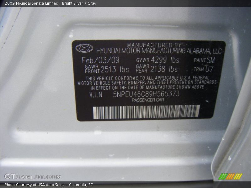 Bright Silver / Gray 2009 Hyundai Sonata Limited