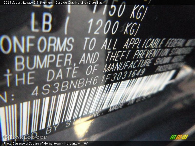 Carbide Gray Metallic / Slate Black 2015 Subaru Legacy 2.5i Premium