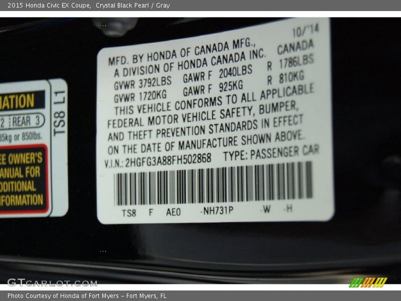 Crystal Black Pearl / Gray 2015 Honda Civic EX Coupe