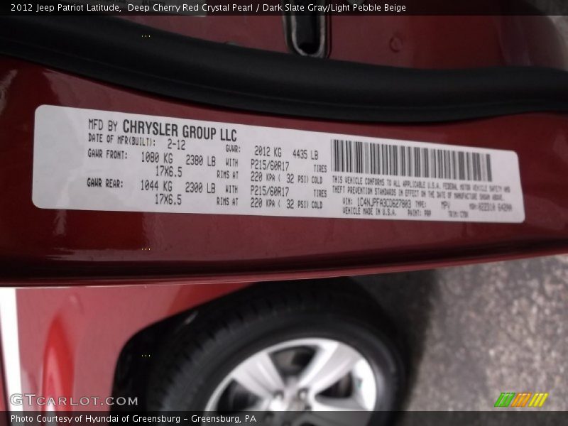 Deep Cherry Red Crystal Pearl / Dark Slate Gray/Light Pebble Beige 2012 Jeep Patriot Latitude