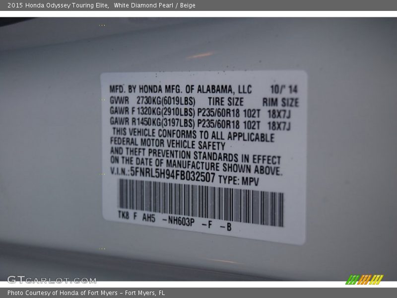 White Diamond Pearl / Beige 2015 Honda Odyssey Touring Elite