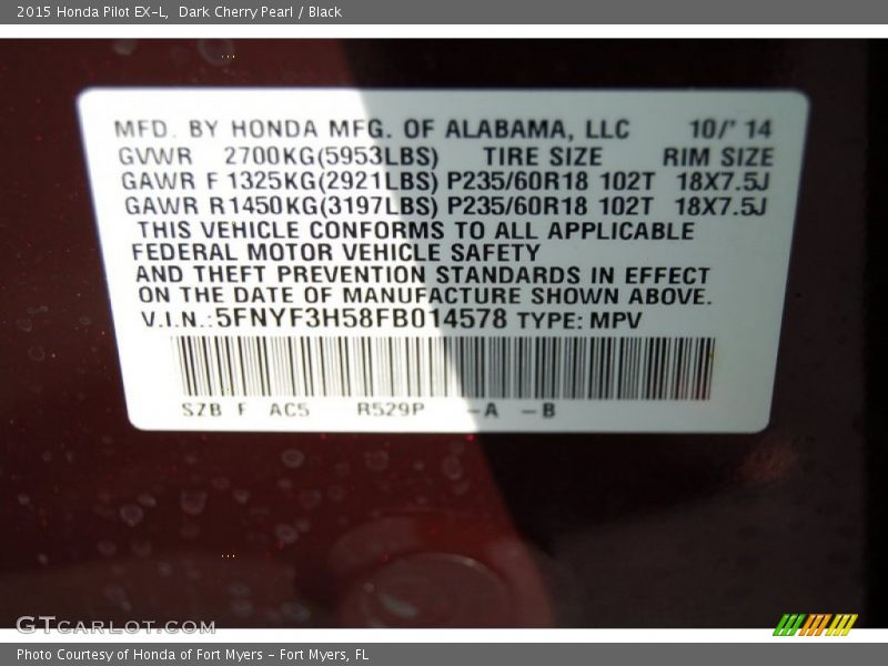Dark Cherry Pearl / Black 2015 Honda Pilot EX-L