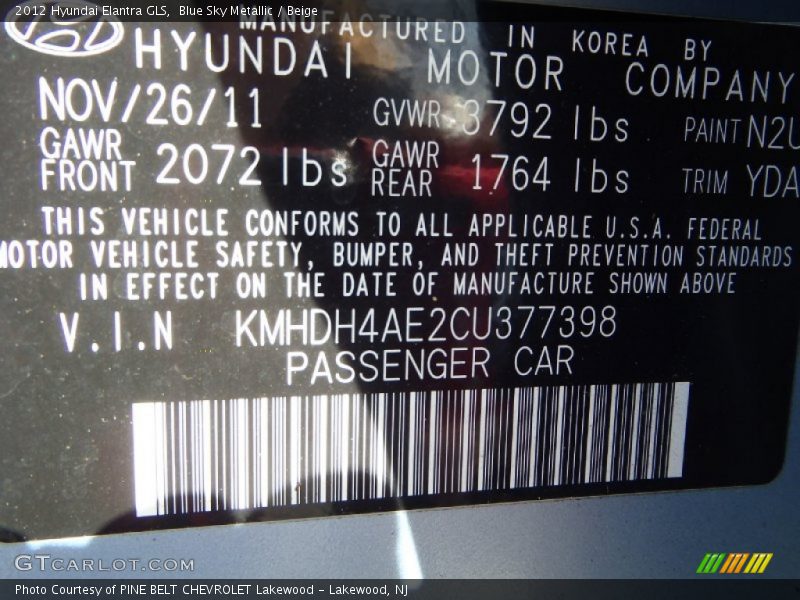 Blue Sky Metallic / Beige 2012 Hyundai Elantra GLS