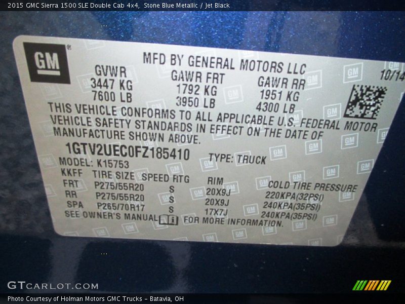 Info Tag of 2015 Sierra 1500 SLE Double Cab 4x4