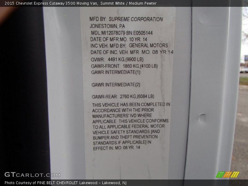 Summit White / Medium Pewter 2015 Chevrolet Express Cutaway 3500 Moving Van