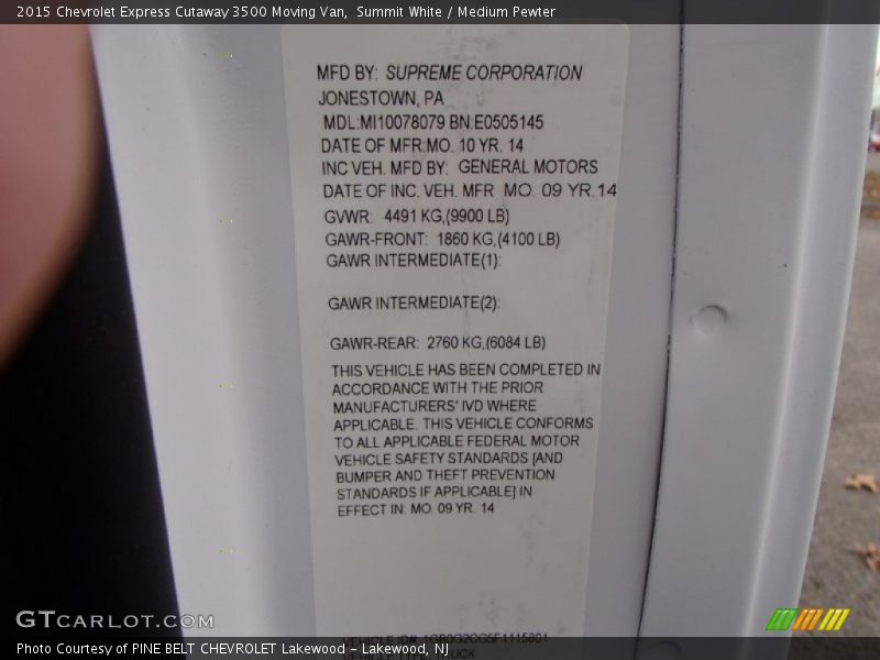 Summit White / Medium Pewter 2015 Chevrolet Express Cutaway 3500 Moving Van