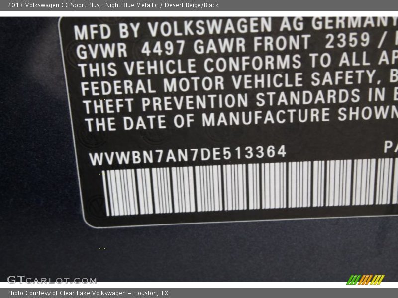 Night Blue Metallic / Desert Beige/Black 2013 Volkswagen CC Sport Plus