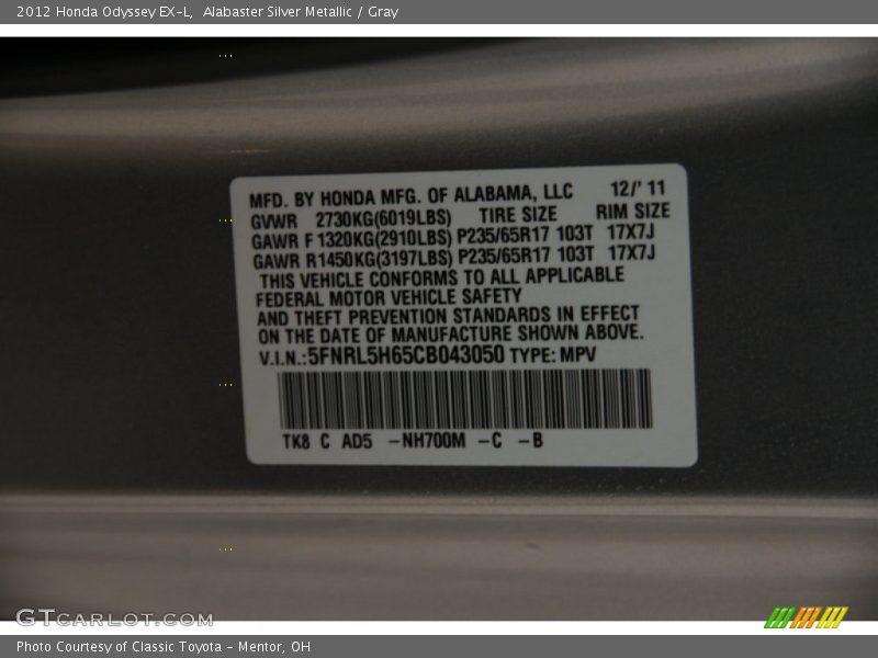 Alabaster Silver Metallic / Gray 2012 Honda Odyssey EX-L