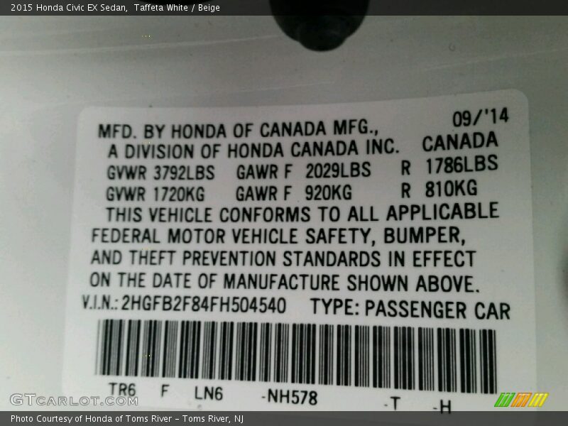 Taffeta White / Beige 2015 Honda Civic EX Sedan