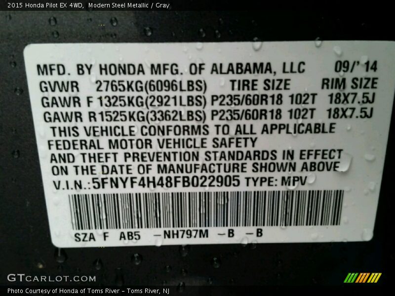 Modern Steel Metallic / Gray 2015 Honda Pilot EX 4WD