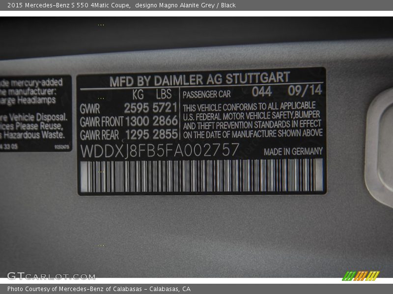 2015 S 550 4Matic Coupe designo Magno Alanite Grey Color Code 044