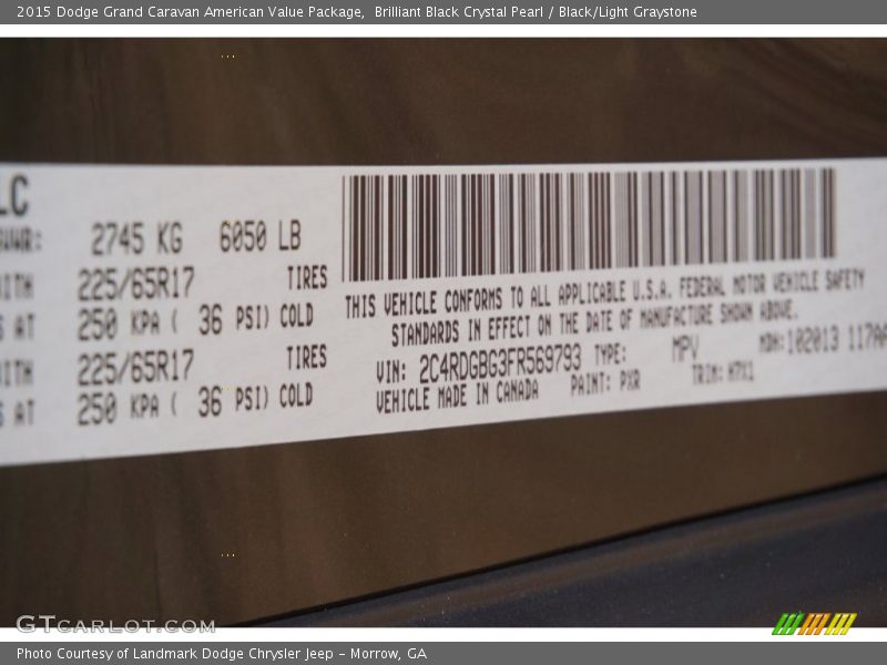 2015 Grand Caravan American Value Package Brilliant Black Crystal Pearl Color Code PXR