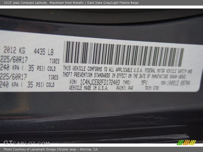 2015 Compass Latitude Maximum Steel Metallic Color Code PAR