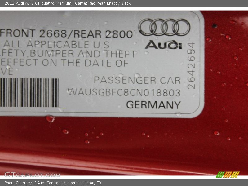 Garnet Red Pearl Effect / Black 2012 Audi A7 3.0T quattro Premium