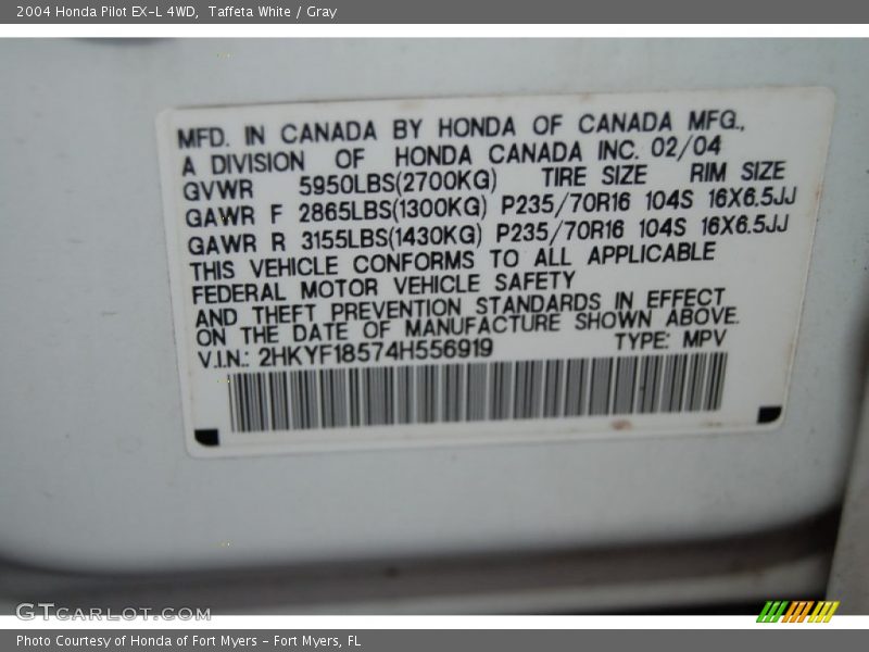 Taffeta White / Gray 2004 Honda Pilot EX-L 4WD