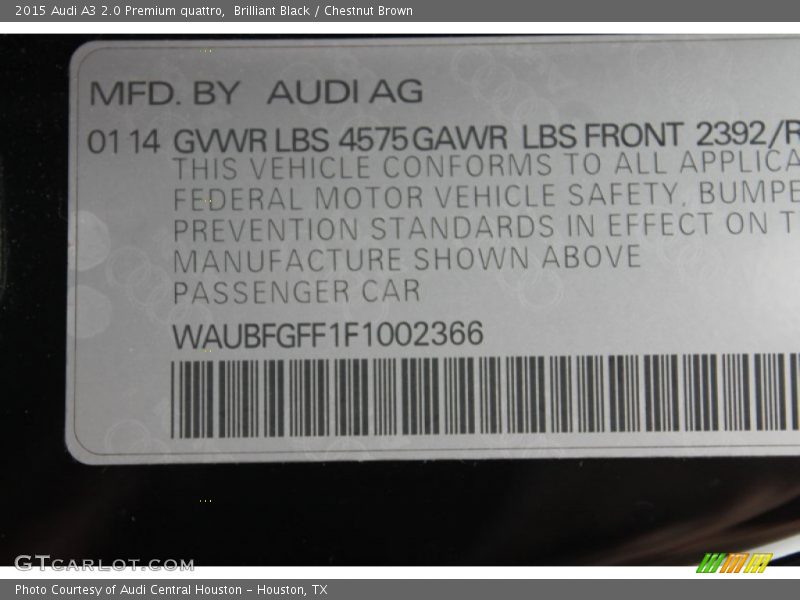 Brilliant Black / Chestnut Brown 2015 Audi A3 2.0 Premium quattro