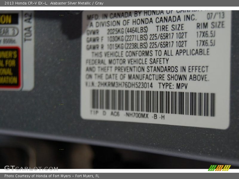 Alabaster Silver Metallic / Gray 2013 Honda CR-V EX-L