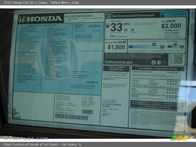 Taffeta White / Gray 2015 Honda Civic EX-L Coupe