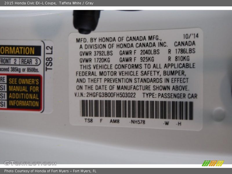 Taffeta White / Gray 2015 Honda Civic EX-L Coupe