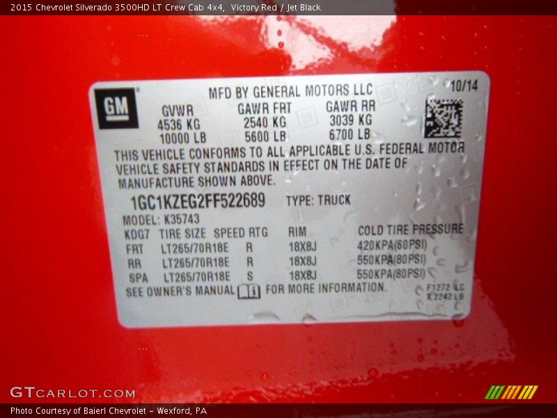 Info Tag of 2015 Silverado 3500HD LT Crew Cab 4x4