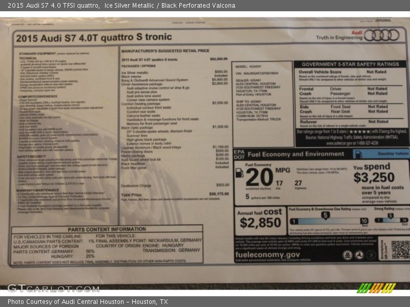 Ice Silver Metallic / Black Perforated Valcona 2015 Audi S7 4.0 TFSI quattro