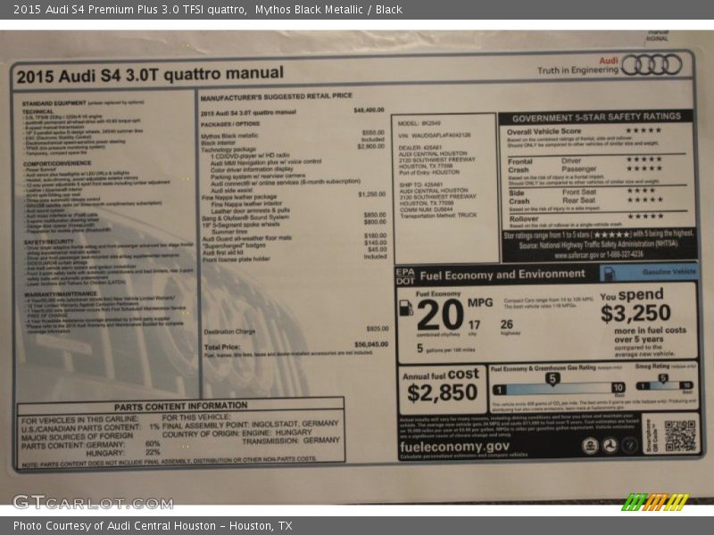 Mythos Black Metallic / Black 2015 Audi S4 Premium Plus 3.0 TFSI quattro