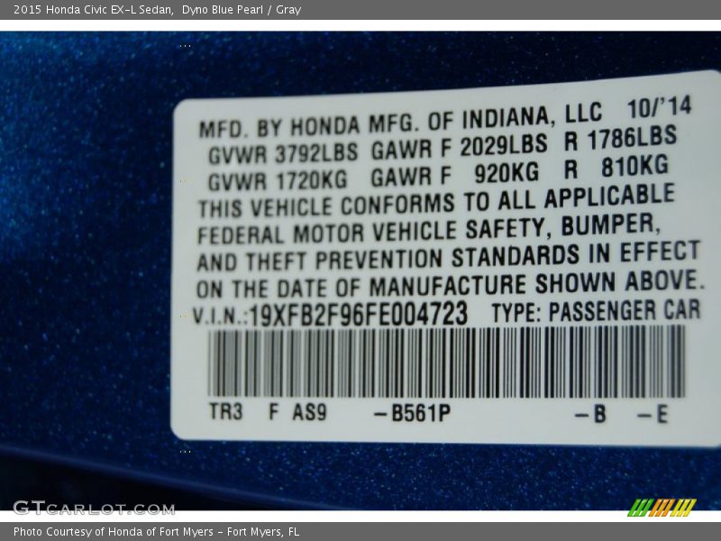 2015 Civic EX-L Sedan Dyno Blue Pearl Color Code B561P