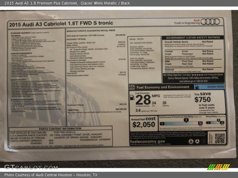  2015 A3 1.8 Premium Plus Cabriolet Window Sticker