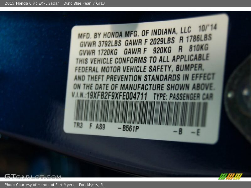 Dyno Blue Pearl / Gray 2015 Honda Civic EX-L Sedan