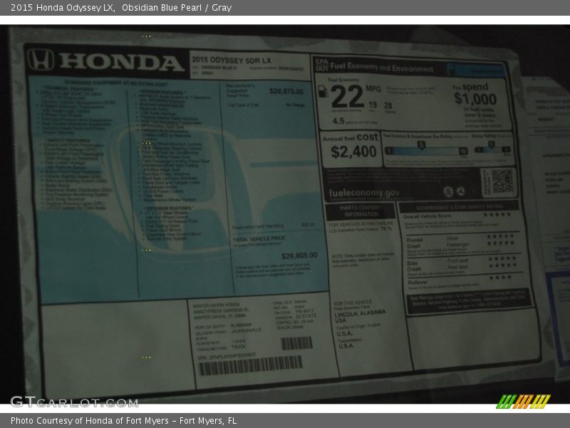 Obsidian Blue Pearl / Gray 2015 Honda Odyssey LX