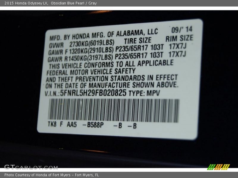 Obsidian Blue Pearl / Gray 2015 Honda Odyssey LX