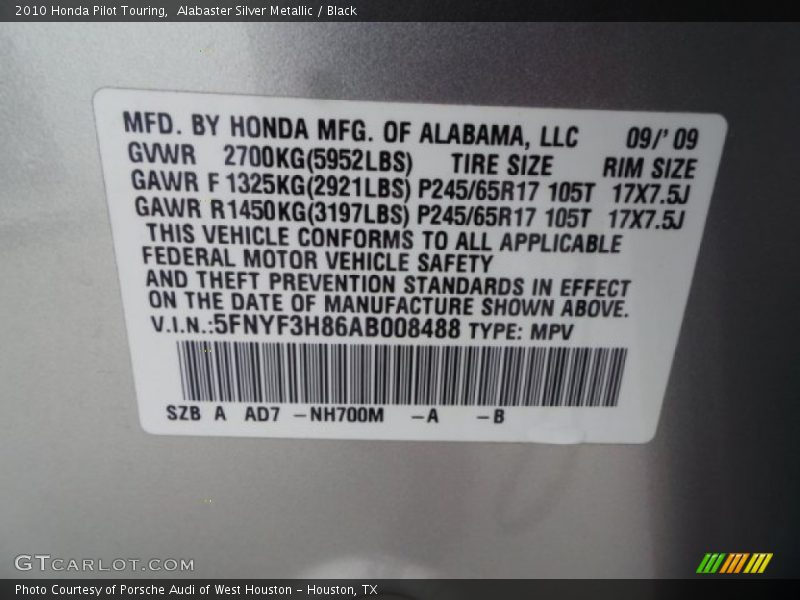 Alabaster Silver Metallic / Black 2010 Honda Pilot Touring