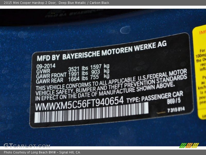 2015 Cooper Hardtop 2 Door Deep Blue Metallic Color Code B69