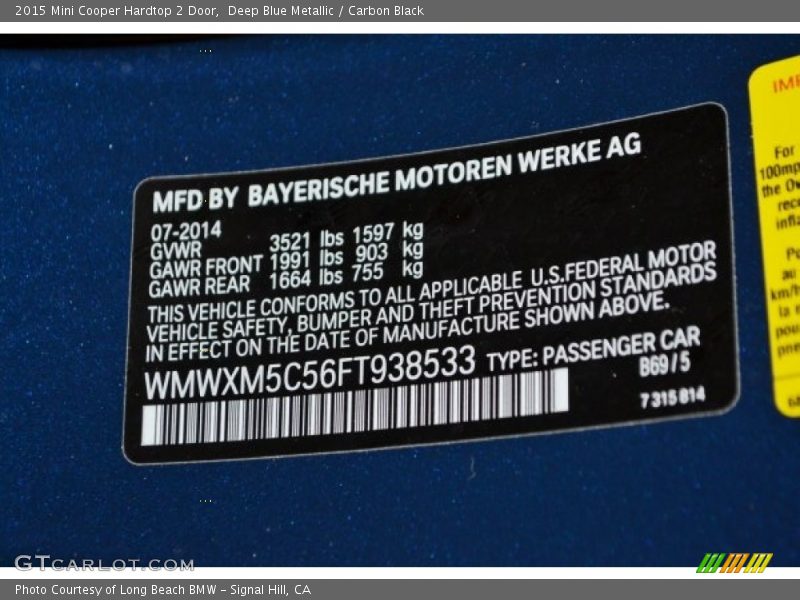 2015 Cooper Hardtop 2 Door Deep Blue Metallic Color Code B69