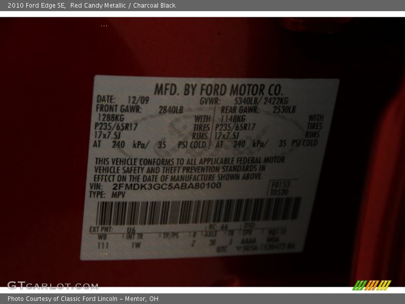 Red Candy Metallic / Charcoal Black 2010 Ford Edge SE