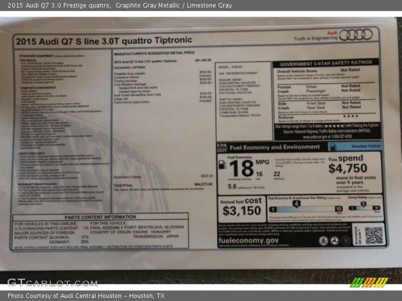  2015 Q7 3.0 Prestige quattro Window Sticker