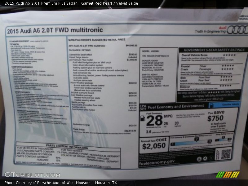  2015 A6 2.0T Premium Plus Sedan Window Sticker
