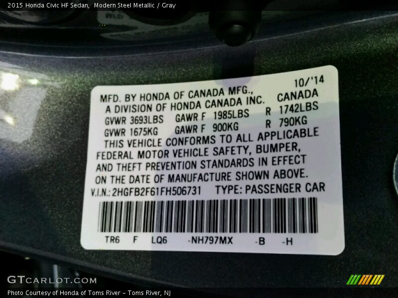 2015 Civic HF Sedan Modern Steel Metallic Color Code NH797MX