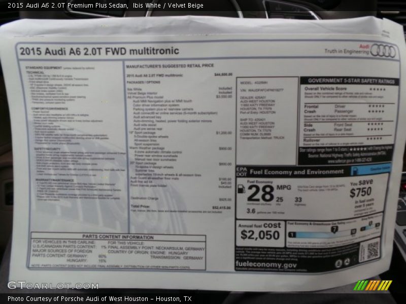  2015 A6 2.0T Premium Plus Sedan Window Sticker