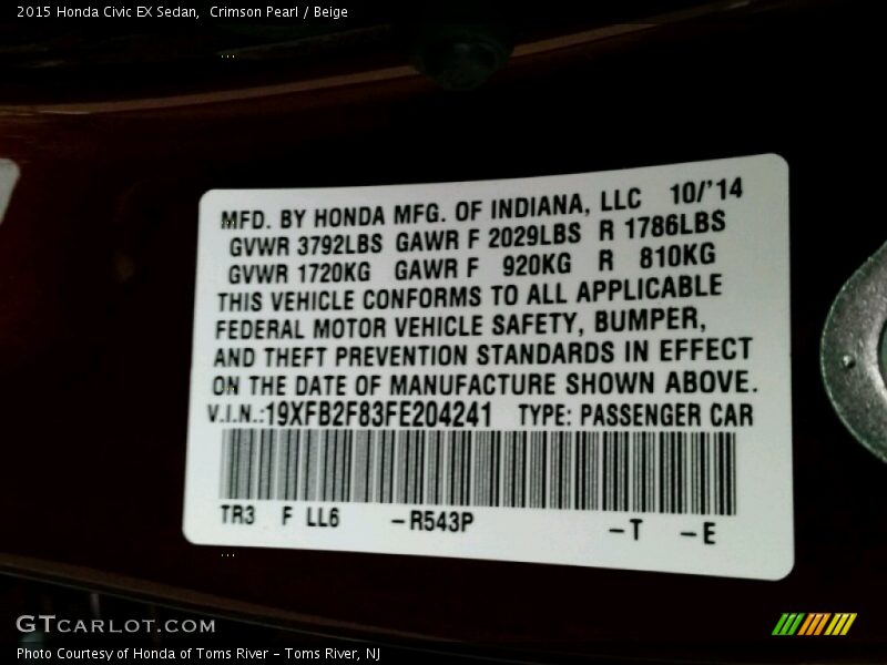 Crimson Pearl / Beige 2015 Honda Civic EX Sedan