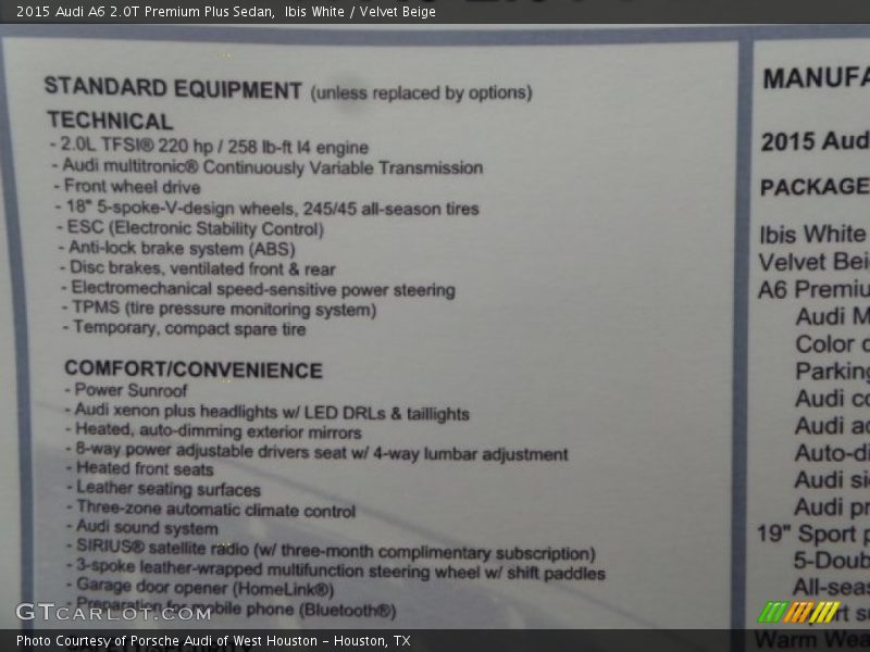  2015 A6 2.0T Premium Plus Sedan Window Sticker