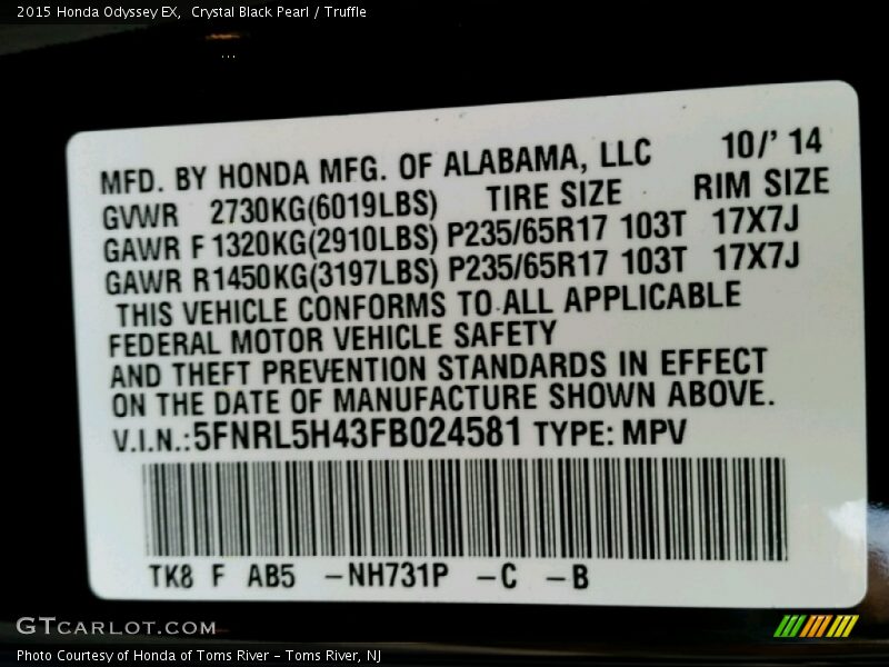 Crystal Black Pearl / Truffle 2015 Honda Odyssey EX