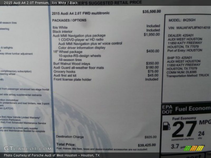  2015 A4 2.0T Premium Window Sticker