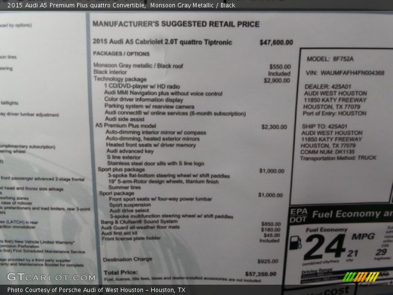  2015 A5 Premium Plus quattro Convertible Window Sticker